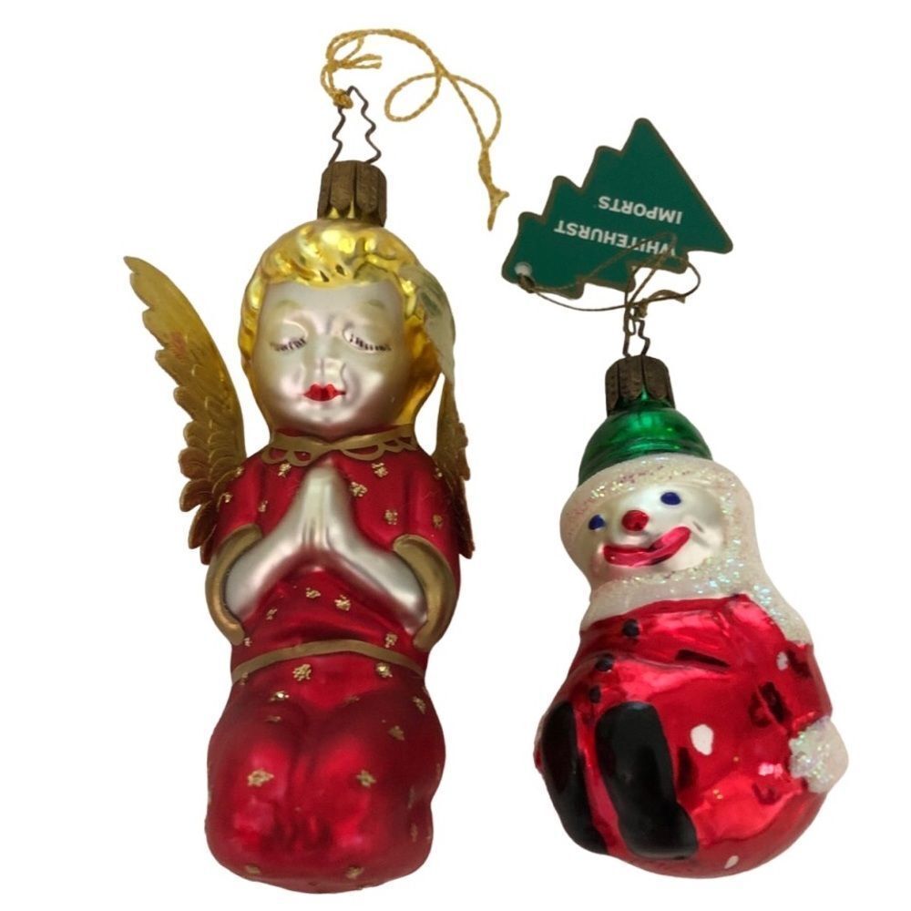 2 VINTAGE GLASS PAINTED ORNAMENTS: ANGEL AND SANTA BEAR